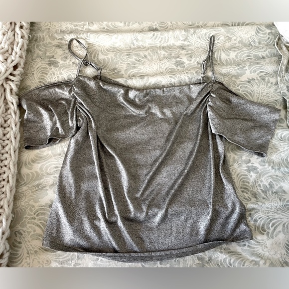 Anthropologie Off-the-Shoulder Silver Top - Picture 2 of 5